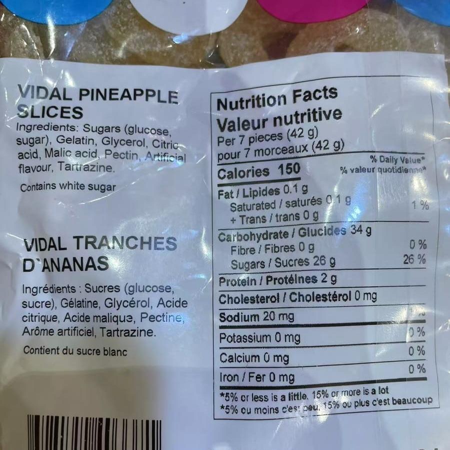 Ingredients of Vidal Gummy Pineapple Rings,SooSweetShop.ca