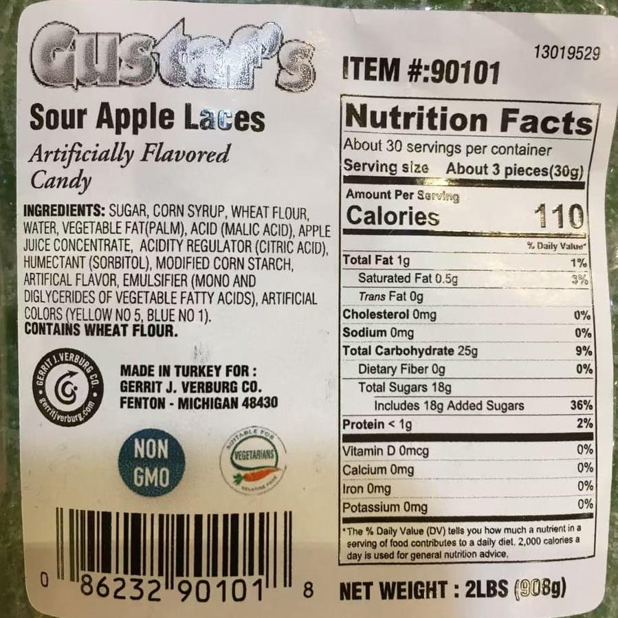 Ingredients of Gustaf's Bulk Sugared Sour Apple Laces,SooSweetShop.ca