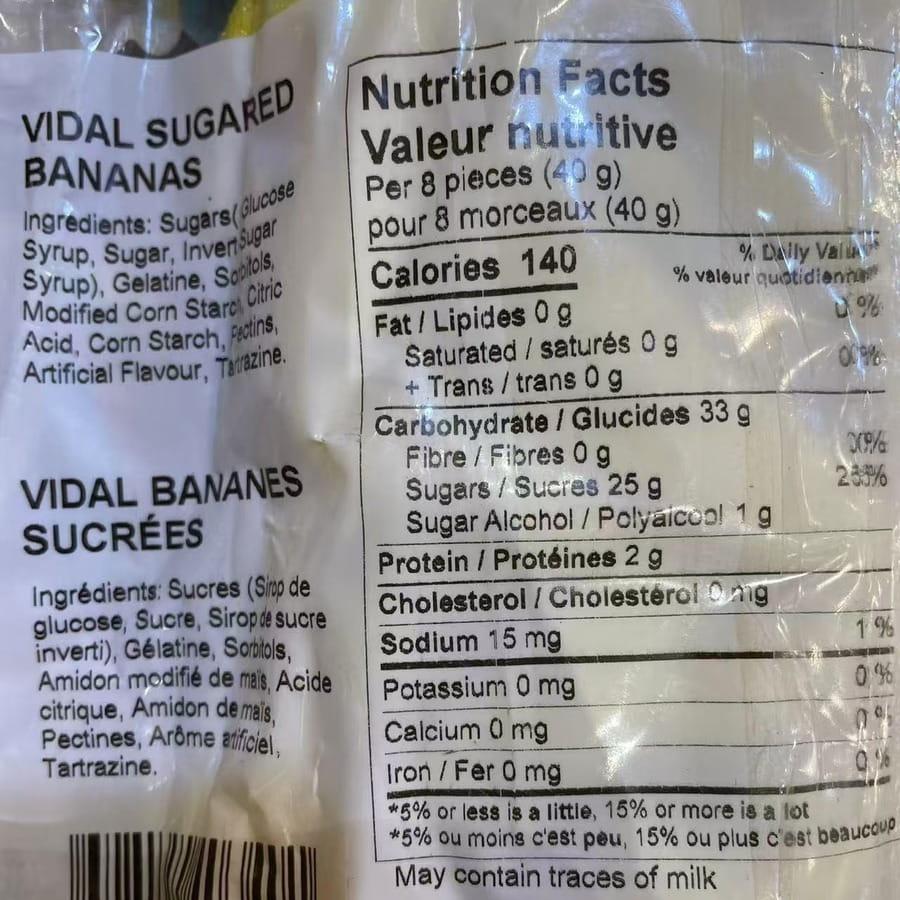 Ingredients of Vidal Sugar Banana,SooSweetShop.ca