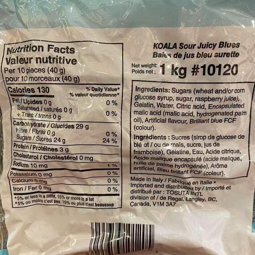 Ingredients of Koala Sour Juicy Blues,SooSweetShop.ca