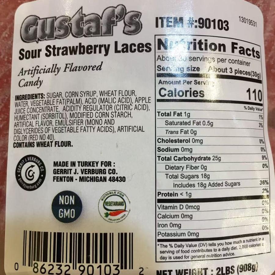 Ingredients of Gustaf's Bulk Sugared Sour Strawberry Laces,SooSweetShop.ca