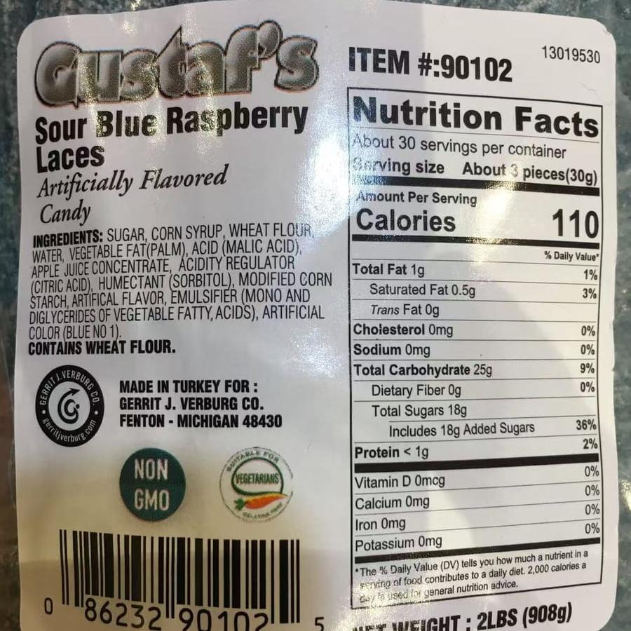 Ingredients of Gustaf's Bulk Sugared Sour Blue Raspberry Laces,SooSweetShop.ca